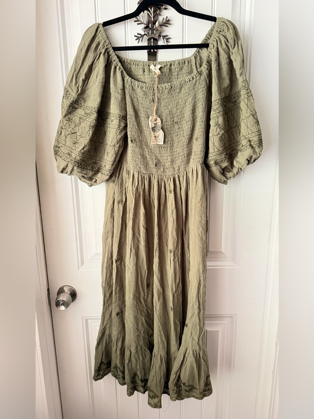Easel Los Angeles Olive Green 100% Cotton Smocked Midi Dress L Boho Cottagecore - Picture 1 of 5